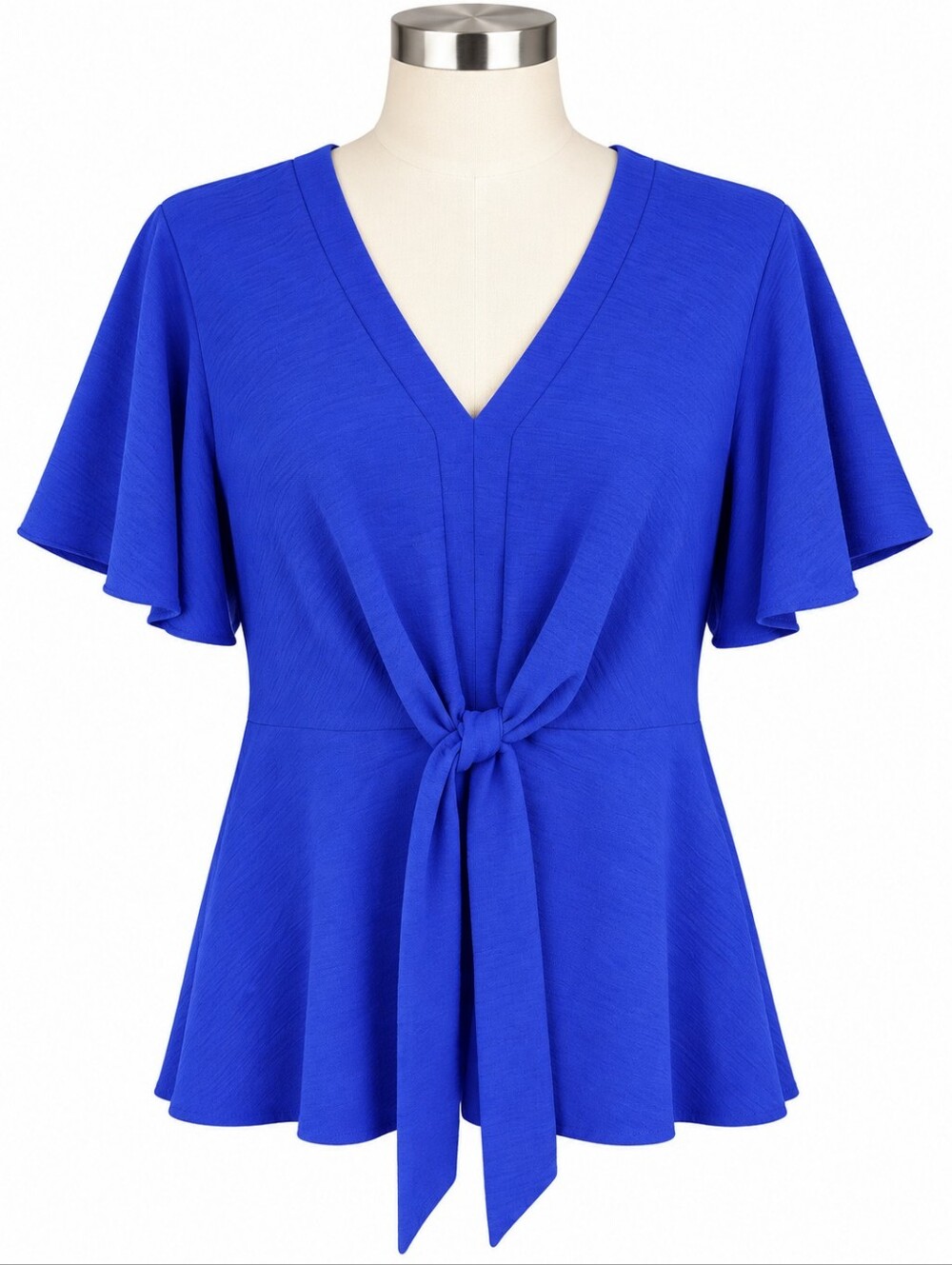 GRACE KARIN Peplum Top XL Blue V-Neck Tie Front Short Flutter Sleeve Blouse Top